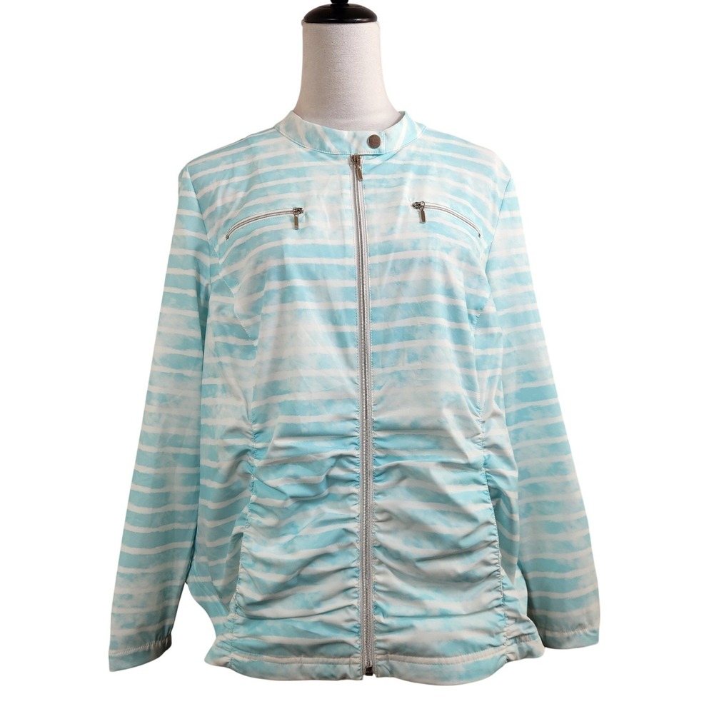 Chicos Zenergy Sz 2 Womens L Light Blue White Striped Full Zip Jacket Athleisure